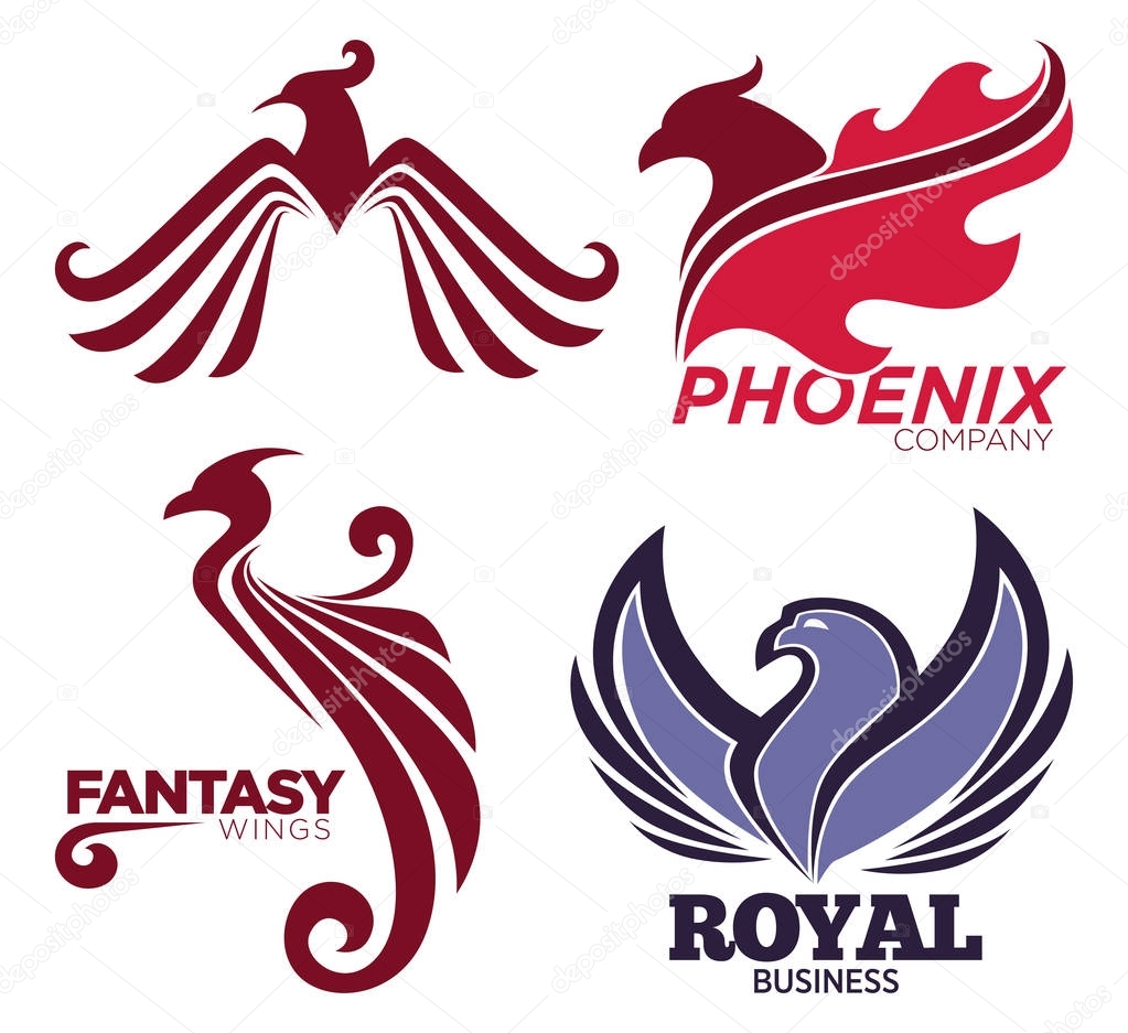 Phoenix bird or fantasy eagle logo templates set for security or innovation company. Vector isolated icons of mythic firebird spread wings symbol, flame fire phoenix for airline or tattoo design