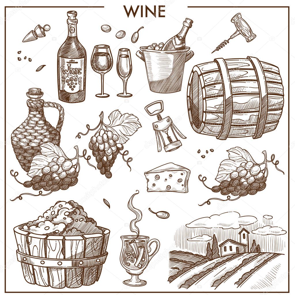 Wine promotional poster in sepia colors with grapes bunches, bottles with glasses, huge plantation, wooden barrel and basket, metal corkscrews and tender sheese isolated cartoon vector illustrations.