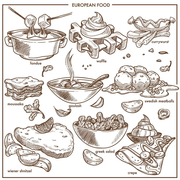 Cuisine européenne plats alimentaires — Image vectorielle
