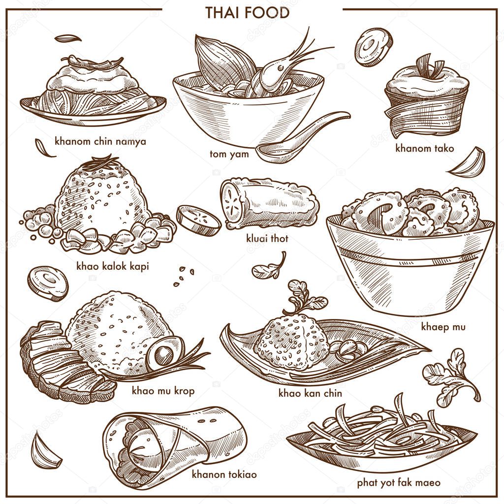 Thai cuisine food dishes icons