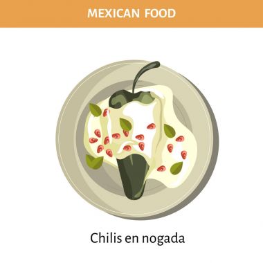Chilis tr nogada geleneksel Meksika yemeği ihale sos ile vektör illüstrasyon izole. Yeşil biber kıyılmış et, taze meyve, tatlı kuru üzüm ve sıcak baharat karışımı ile doldurulmuş.