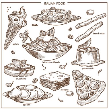 İtalyan mutfağı kroki geleneksel gıda yemekleri makarna spagetti, fettuccine ve pizza veya lazanya bruschetta ve ekmek sopa ya da zeytin salata, risotto pirinç ve gelato tatlı. İzole vektör simgeler