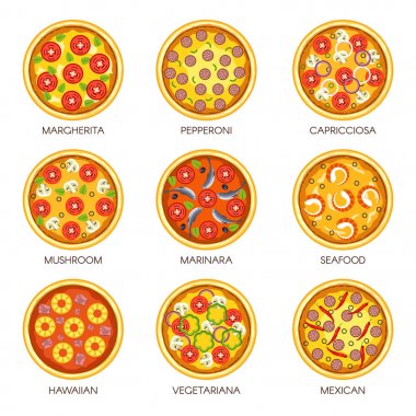 Pizza pizzacı veya İtalyan mutfağı fastfood veya restoran menü için vektör simgeler sıralar. Margherita, Pepperoni veya mantar ve deniz ürünleri Marinara, vejetaryen veya Meksika ve Hawai pizza ile Capricciosa