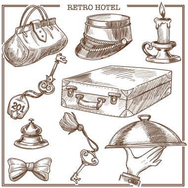 Retro otel konuk seyahat öğeler ve servis personeli Aksesuar simgeler kroki. Seyahat bavul ve çanta, Resepsiyon bell ve Oda anahtar etiketi, kapıcı papyon veya porter şapka ve mum ile vektör kümesi