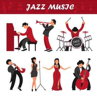 Caz müzik grubu müzisyenler, şarkıcılar ve performans simgeler vektör. Enstrüman piyano, saksofon veya davul istasyonu ve kadının şarkı çalmaya adam caz sahne insanların karakterleri izole