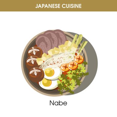 Japon mutfağı plaka üzerinde Besleyici egzotik Nabe vektör illüstrasyon izole. Shiitake ve konoko mantar, havuç dilimleri, lezzetli kamaboko, taze yeşillik ve tofu peyniri oryantal çanak yapılmış.