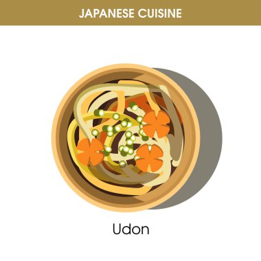 Besleyici Udon geleneksel Japon mutfağından derin kapta beyaz arka plan üzerinde çizgi film düz vektör illüstrasyon izole. Buğday unu ve haşlanmış sebze erişte lezzetli yemek yapılmış.