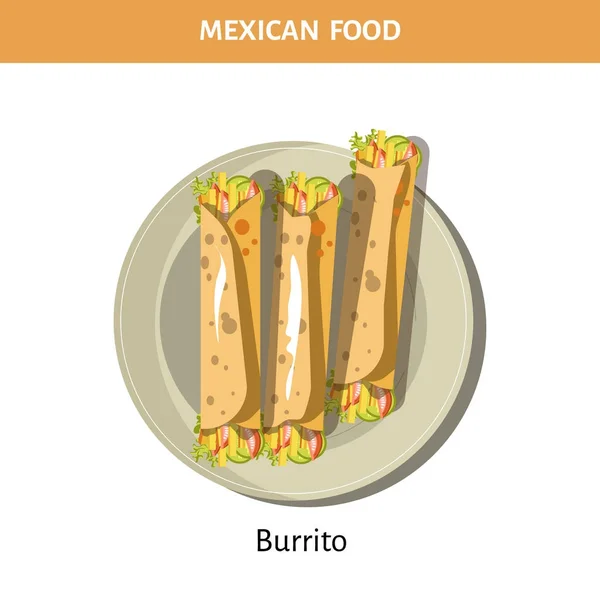 Leckerer Burrito Auf Dem Teller Serviert Aus Traditionellen Mexikanischen Speisen — Stockvektor