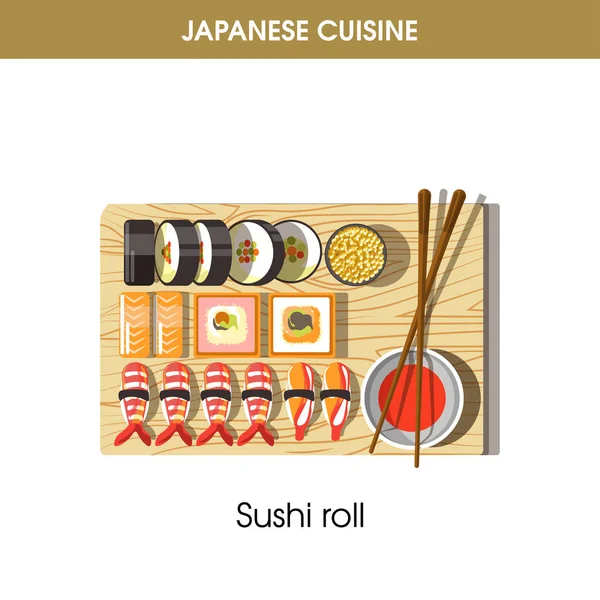 Deliciosos Rollos Sushi Fresco Bandeja Cocina Japonesa Ilustración Vectores Planos — Vector de stock