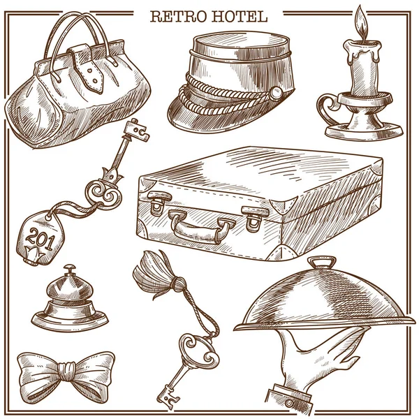 Elementos Viaje Huéspedes Hotel Retro Iconos Bosquejo Accesorios Personal Servicio — Vector de stock