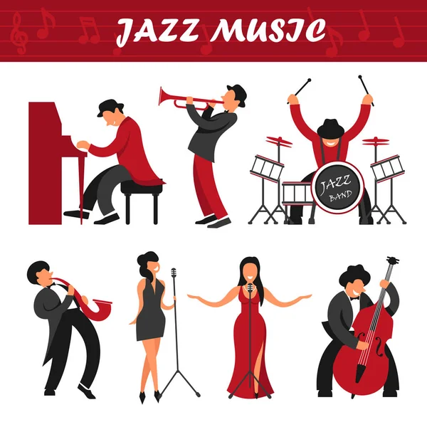 Jazz Music Band Musicians Singers Performers Vector Icons Man Playing — Stock Vector