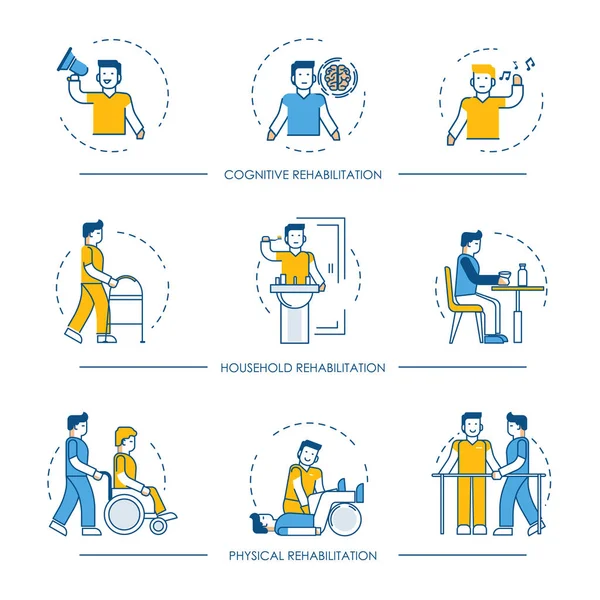 Rehabilitationssymbole Für Die Kognitive Physikalische Und Häusliche Rehabilitationsmedizin Vektorzeilensymbole Von — Stockvektor