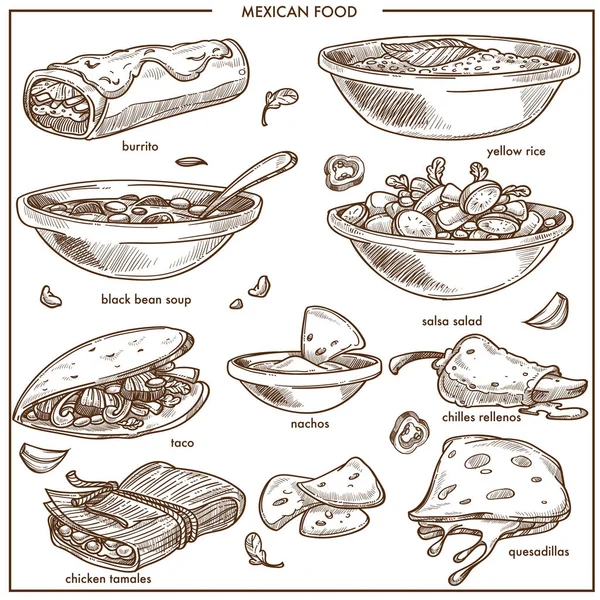 Mexican food cuisine traditional dishes sketch icon for restaurant menu. Mexico fajitas, quesadilla snack and yellow rice, bean soup with nachos and chilles relenos or chicken tamales with Mexican salsa salad — Stock Illustration Mexican Food Cuisine Traditional Dishes Sketch Icon Restaurant Menu Mexico Royalty Free Stock Illustrations
