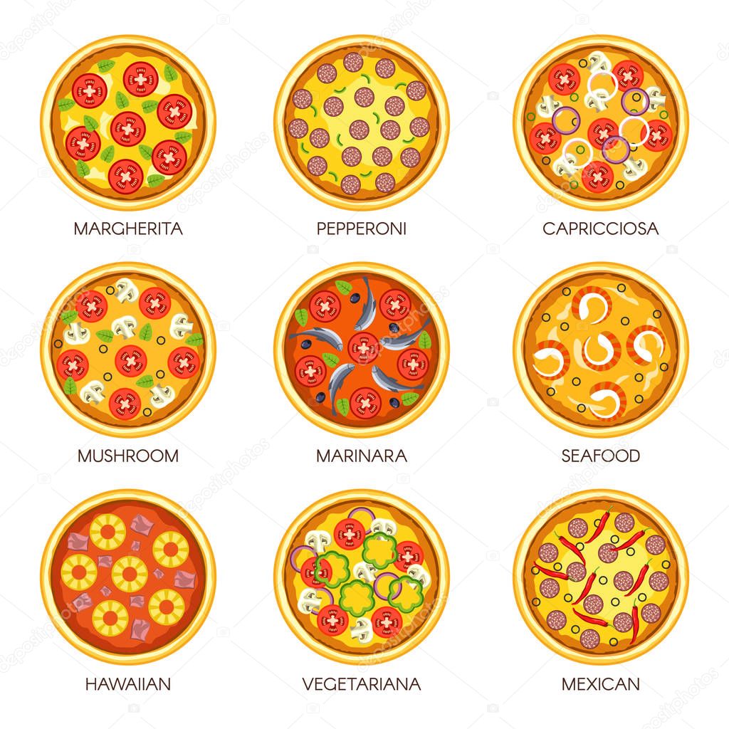 Pizza sorts vector icons for pizzeria or Italian cuisine fastfood or restaurant menu. Margherita, Pepperoni or Capricciosa with mushroom and seafood Marinara, vegetarian or Mexican and Hawaiian pizzas