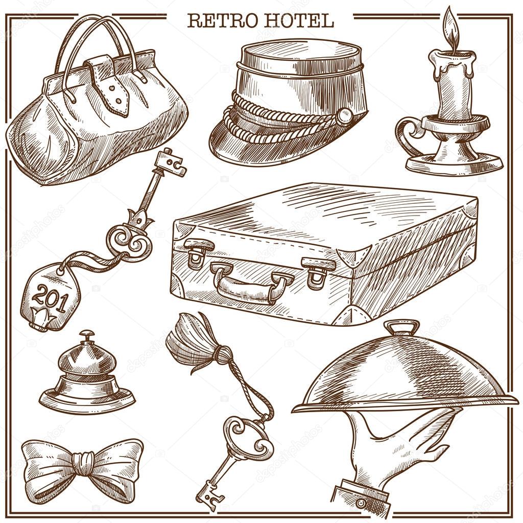 Retro hotel guest travel items and service staff accessory sketch icons. Vector set of traveler suitcase and bag, reception bell and room key with tag, doorman bow tie or porter hat and candle