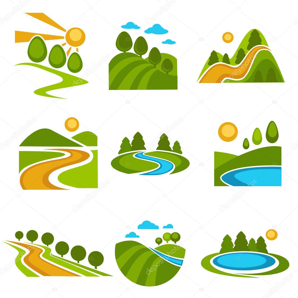 Nature landscape logo templates for green ecology environment or landscaping designing and horticulture or travel company. Vector isolated labels of forest trees, river in valley and sun or mountains