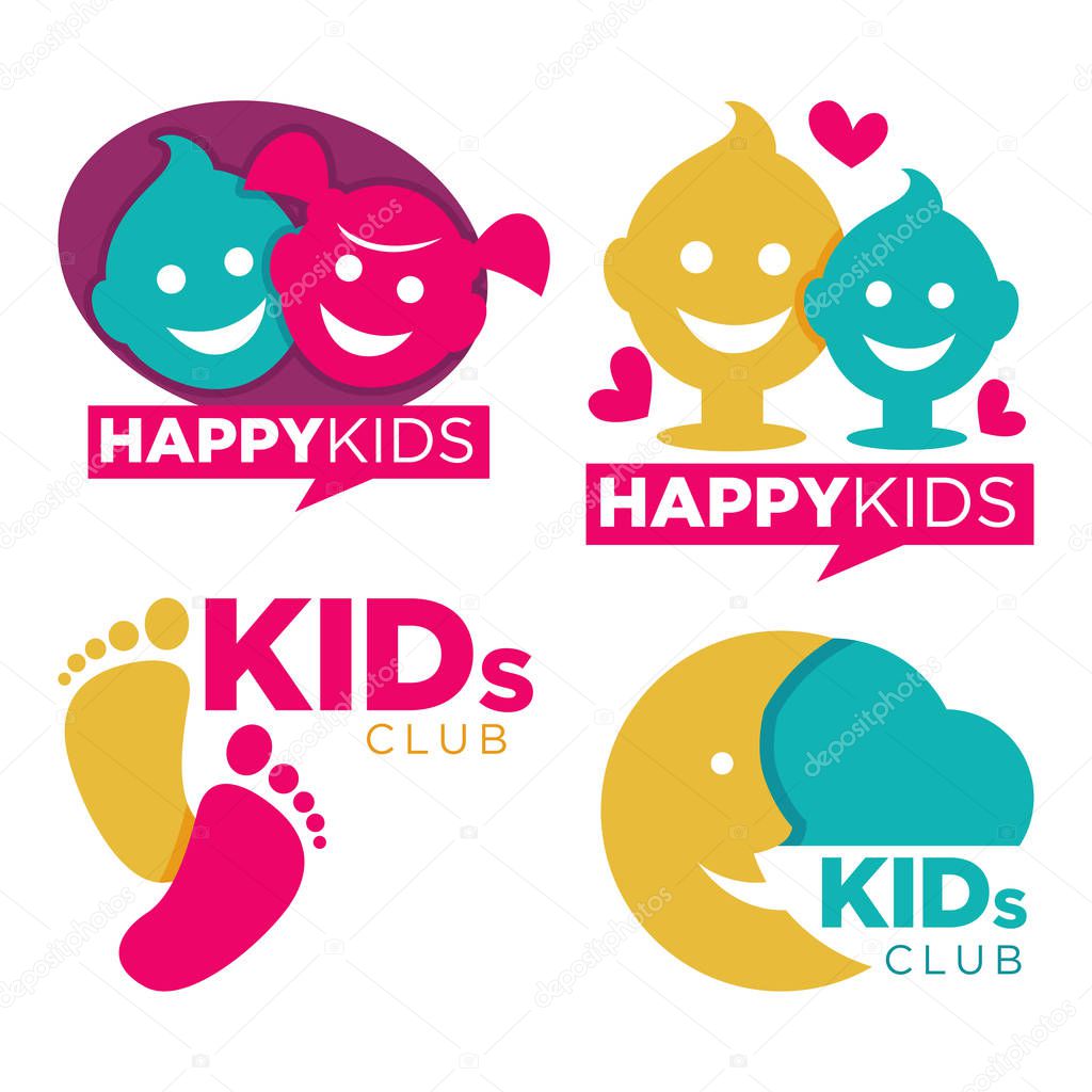 Kids club with entertainments bright promotional emblems set isolated cartoon flat vector illustration on white background. Childrens zone logotypes with human hands, funny faces and half moon.