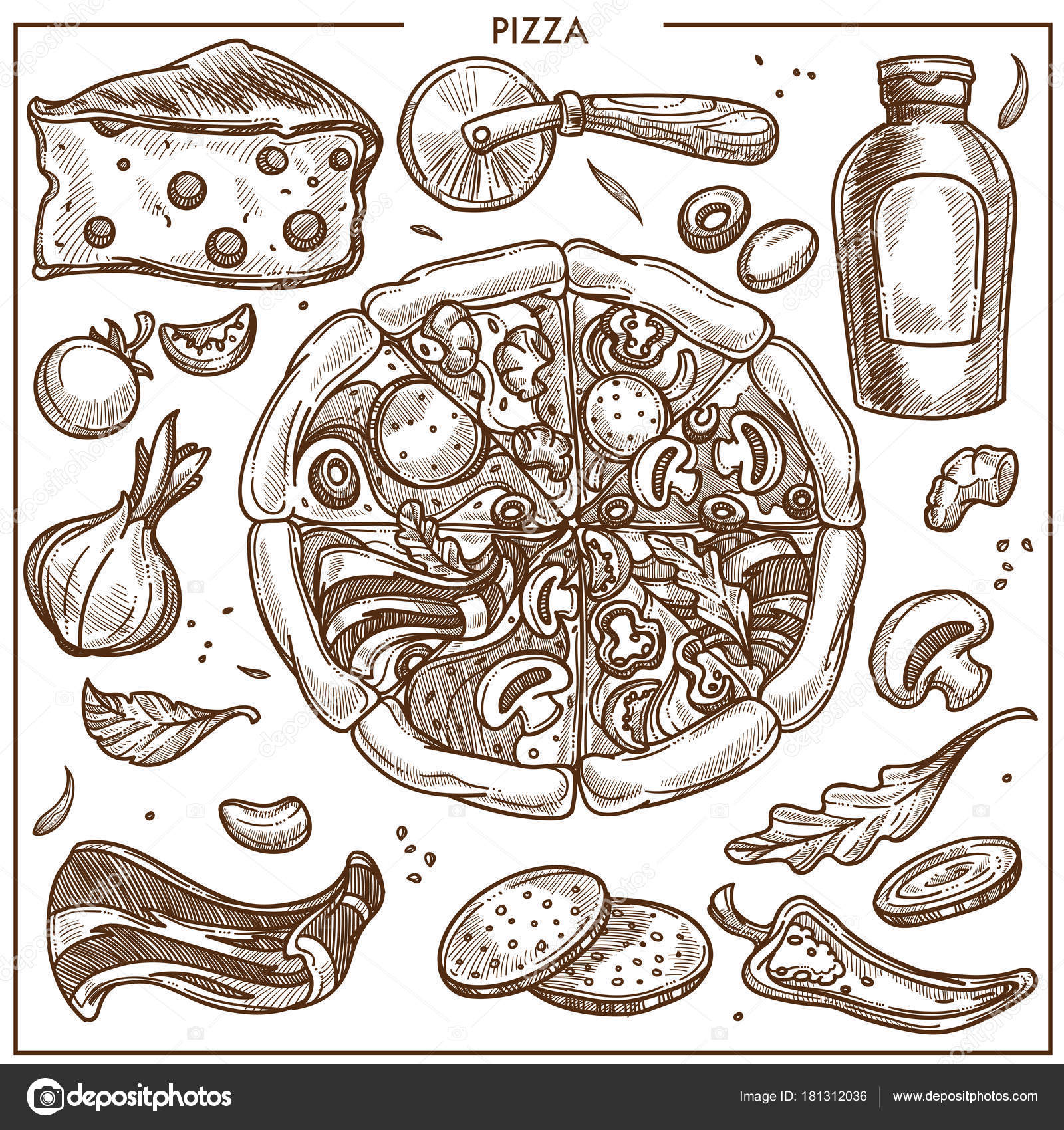 Doodle pizza. Italian food outline sketch, pepperoni mushrooms