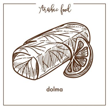 İnce dilim limon Arapça gıda ile Besleyici dolma. Üzüm yaprağı, haşlanmış pirinç ve sulu kıyılmış et izole karikatür tek renkli düz vektör çizim beyaz arka plan üzerinde çanak yapılmış.