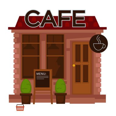 Cafe cephe vektör düz tasarım izole simgesi. Bina Kupası işareti coffeeshop açık sokak görünümü için Windows, kapı ve menü yönetim kurulu veya Cafe kafeterya