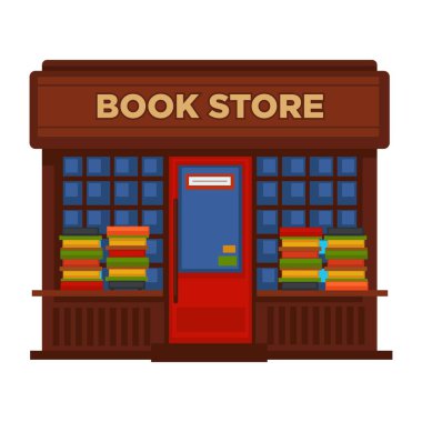 Kitapçı veya kitapçı booth vektör izole bina cephe simgesi. Kitap boğaz veya Dükkanı-pencere, kapı ve Tabela Salonu düz tasarım sokak görünümü