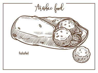 Falafel pide geleneksel Arapça gıda ile. Kıyılmış nohut, derin yağda kızartılmış topları terbiyeli sıcak baharat izole tek renkli karikatür düz vektör çizim üzerinde beyaz arka plan ile.