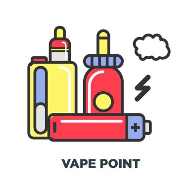 Vape ve sıvı madde ile lezzet elektrik ücretleri aygıt Dolum ve Buhar izole karikatür düz vektör çizim beyaz arka plan üzerinde duman için alternatif bir yol olarak üretmek için.