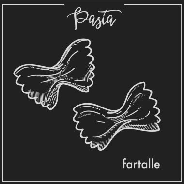 Makarna Farfalle tebeşir İtalyan mutfağı menü simgesini çizin. İzole farfalle makarna türü İtalya makarna paketleme ya da Restoran premium tasarım şablonu için siyah arka plan üzerinde vektör