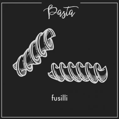 Makarna düdük tebeşir İtalyan mutfağı menü simgesini çizin. İzole düdük sarmal makarna türü İtalya makarna paketleme ya da Restoran premium tasarım şablonu için siyah arka plan üzerinde vektör