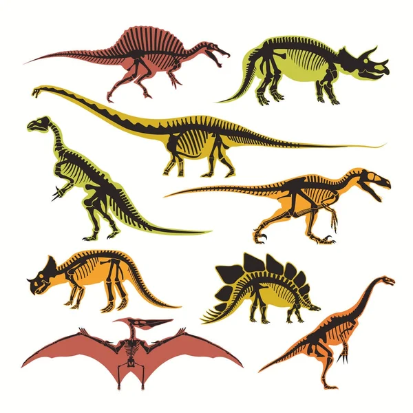 Dinosaures Squelettes Silhouettes Vecteur Plat Icônes Isolées Reptiles Fossiles Jurassiques — Image vectorielle