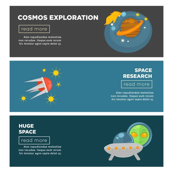 Cosmos exploration and space research flat banners templates. Vector design of astronaut spaceship and satellite in cosmic stars, planets galaxy and ufo and humanoid for space science