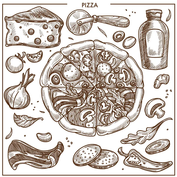 Pizza Zutaten Skizzieren Vektorsymbole Für Das Design Italienischer Pizzeria Restaurants — Stockvektor