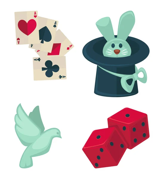 Magic Show Magician Trick Equipment Icons Rabbit Magic Hat Cards — Stock Vector