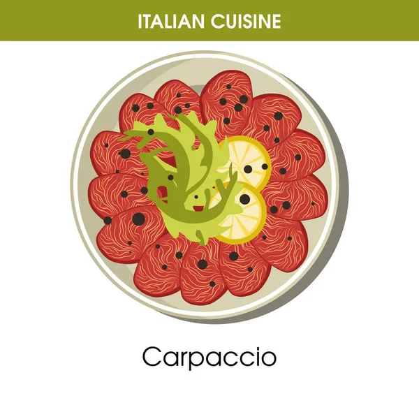 Talyan Mutfağı Carpaccio Meze Geleneksel Yemeği Yiyecek Simgesini Restoran Menü — Stok Vektör
