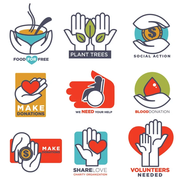 Hand and heart logo templates vector icons for social charity, blood or donation or medical and volunteering support or care design. Isolated symbols of human hands, red heart and green leaf