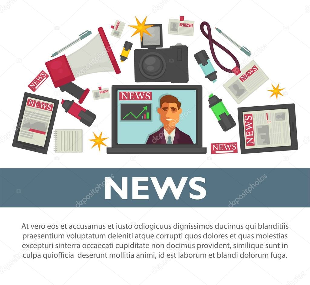 News poster flat vector design of TV anchorman broadcast reporter or journalist working items. Notebook computer with news television, video camera and pen with notepad or event access badge