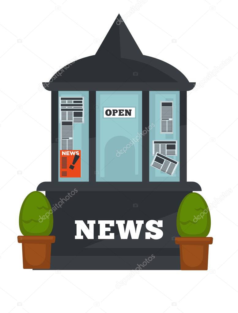 Newspaper or magazines booth kiosk vector isolated icon. Newsstand street counter flat design with newspapers and magazine shop-window