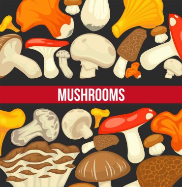 edible mushrooms poster on black background clipart