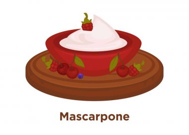Derin kil kase çilek ile lezzetli mascarpone yuvarlak ahşap tepsi
