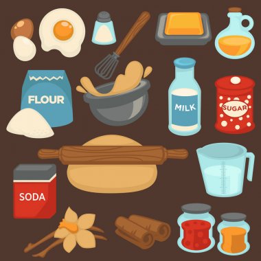 Malzemeler ve baker mutfak araçları ekmek ve pasta kek fırında için pişirme