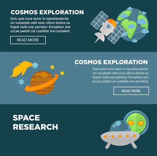 Cosmos exploration and space research promotional Internet posters set with big planets, modern satellite, alien head and flying saucer