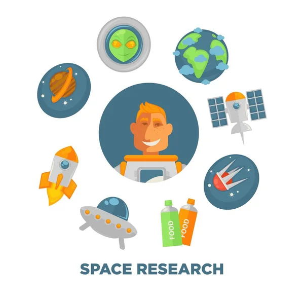 Promo Plakat Für Die Weltraumforschung Mit Raumfahrer Druckanzug Modernen Raumfahrzeugen — Stockvektor