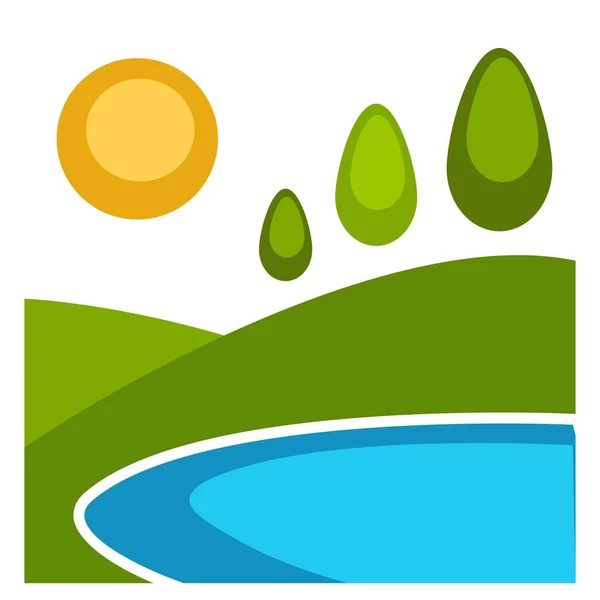 Naturaleza Paisaje Plano Diseño Sol Verano Sobre Talón Verde Árboles — Vector de stock