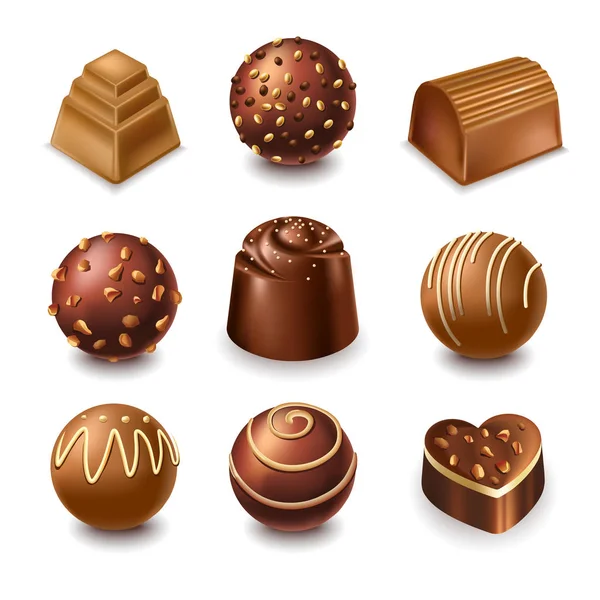 Set Chocoladesuikergoed Hart Bar Bal Vorm Comfit Dessert Truffel Van — Stockvector