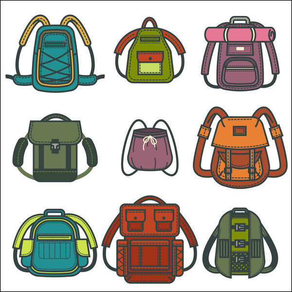 Backpacks icons of school, fashion or travel sport and tourism