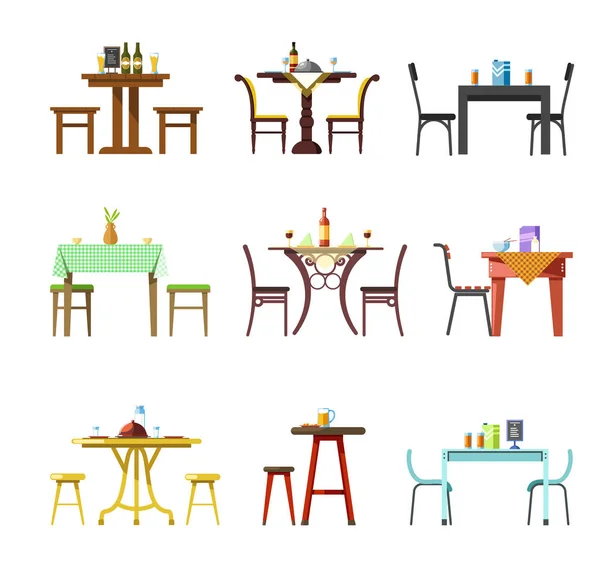 Tables Chaises Icônes Restaurant Café Bistrot Servi Avec Nourriture Des — Image vectorielle