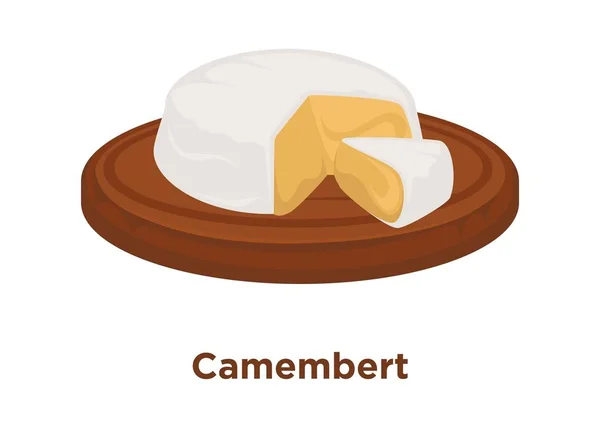 Cabeza Delicioso Camembert Con Pieza Triangular Cortada Bandeja Redonda Madera — Archivo Imágenes Vectoriales