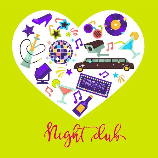 Nacht Club Promotie Poster Met Attributen Voor Lol Hart — Stockvector
