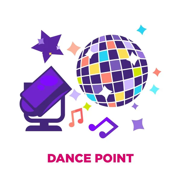 Manifesto Promozionale Dance Point Con Enorme Palla Discoteca Lucida Potenti — Vettoriale Stock