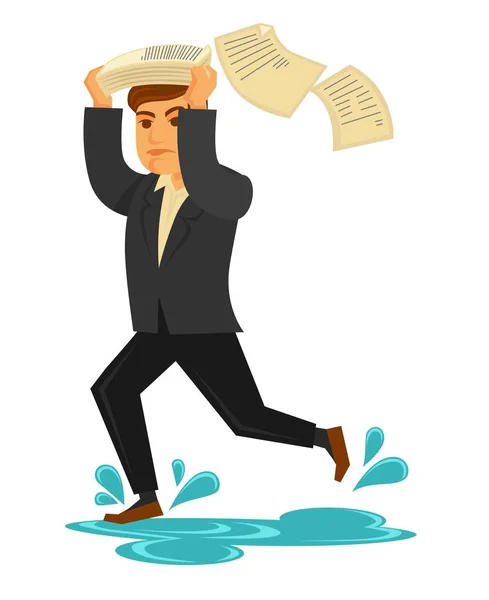 Businessman Stylish Suit Running Fast Puddles Cover His Head Pile — Stock Vector